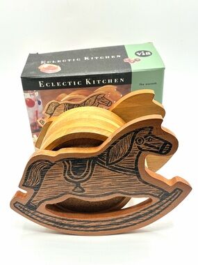 Vintage Via Eclectic Kitchen Rocking Horse Wood Coaster Set Cork 6pc